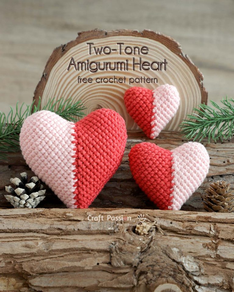 Two tone heart crochet pattern in 3 amigurumi sizes