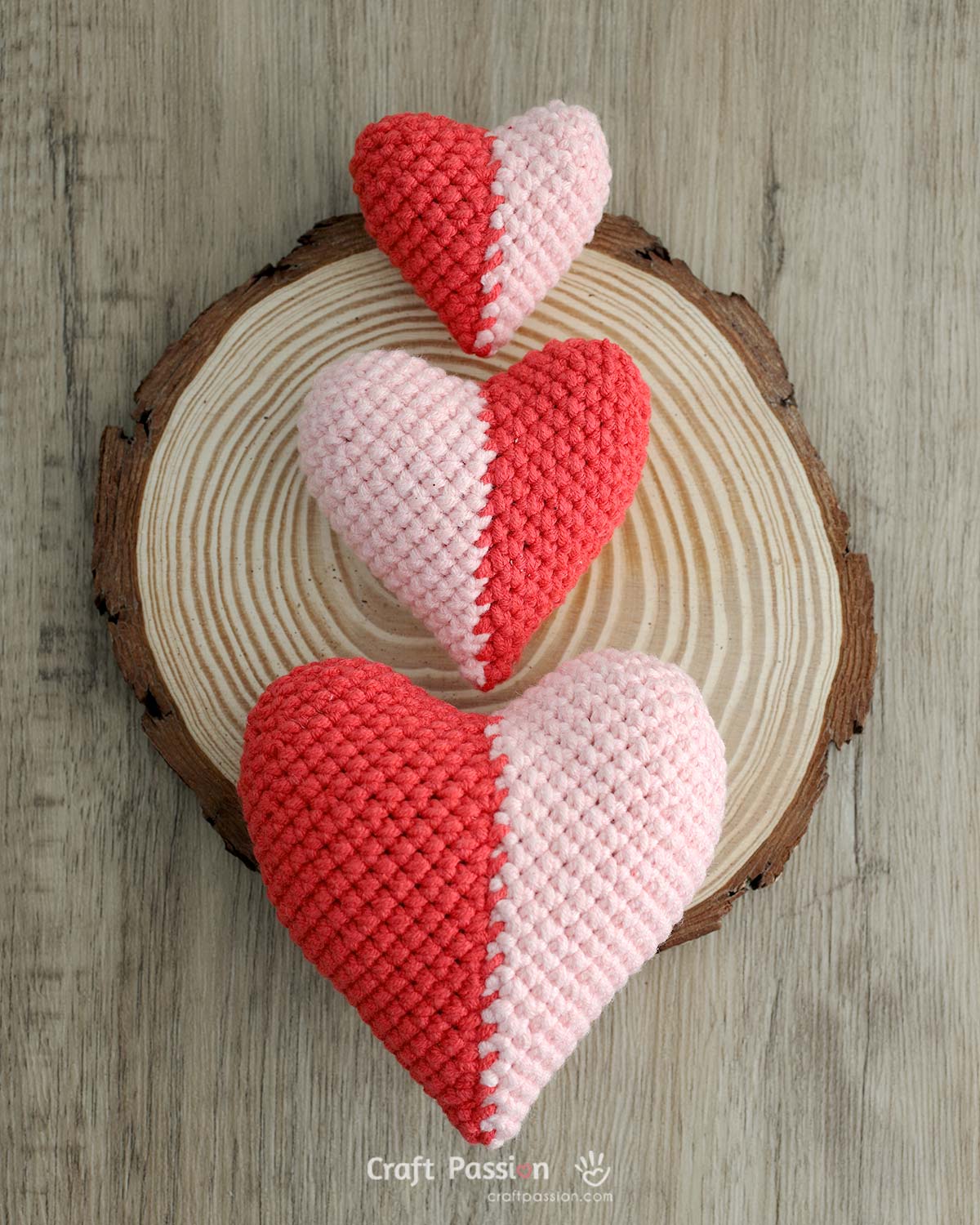 Half and half crochet heart made with two contrasting yarn colors