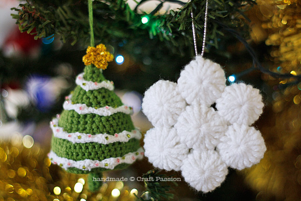 Crochet yo-yo puff snow flakes christmas ornament