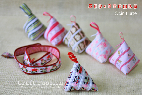 Learn to make a Zip-Itself zipper coin purse with lining using just ribbon and a zipper.