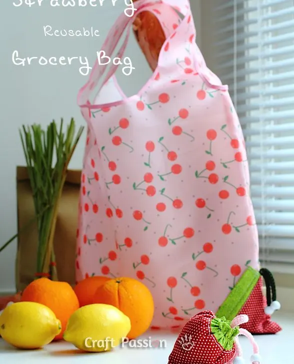 How to sew a grocery bag pattern with a strawberry drawstring bag attachment. Fold & store the bag inside the drawstring bag when not in use.