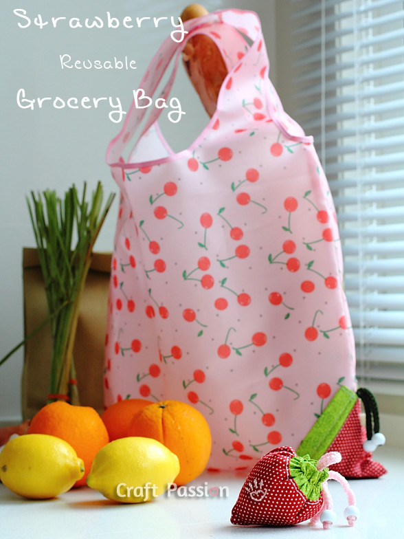 How to sew a grocery bag pattern with a strawberry drawstring bag attachment. Fold & store the bag inside the drawstring bag when not in use.