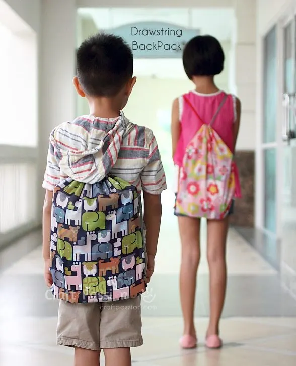 Get the pattern and tutorial to sew drawstring backpack. Great as the kid's school activity bag or as the laundry bag etc.