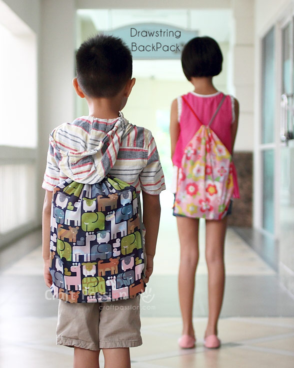 Get the pattern and tutorial to sew drawstring backpack. Great as the kid's school activity bag or as the laundry bag etc.