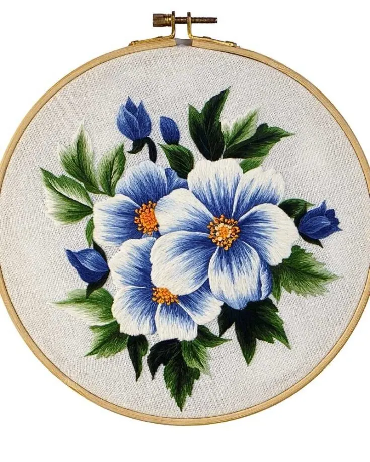 Here is a blue wildflower embroidery that reminds us so much of blue porcelain plates. This splash of color is calming to the eyes, and the best part is they&rsquo;re a bed of roses! Skill Level: Intermediate