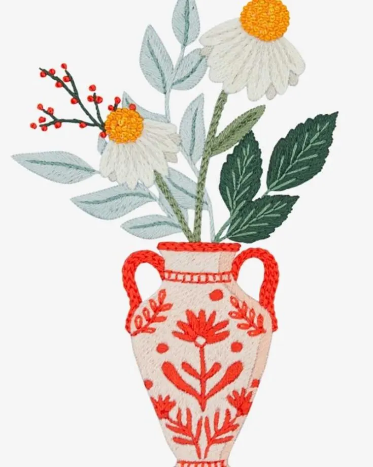 Check out this gorgeous vase of flowers embroidery pattern. This design would be perfect as a house decor to brighten up your space. What&rsquo;s more, is that you can admire your work everyday! If you&rsquo;re looking for more variations to bouquet embroideries that are advanced, try out the website linked in the picture to gain access to more free embroidery patterns. Skill Level: Advanced