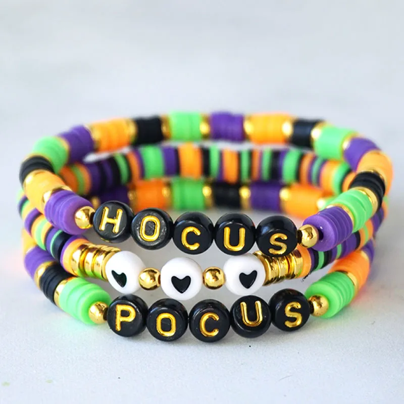 You are free to be as creative as you want with clay bead bracelet ideas! Especially themed ones. Here is a Hocus-Pocus themed bracelet for Halloween. They are so simple for kids of all ages to make, and it brightens up Halloween fashion, or you can hand them out as a Halloween party favor!
