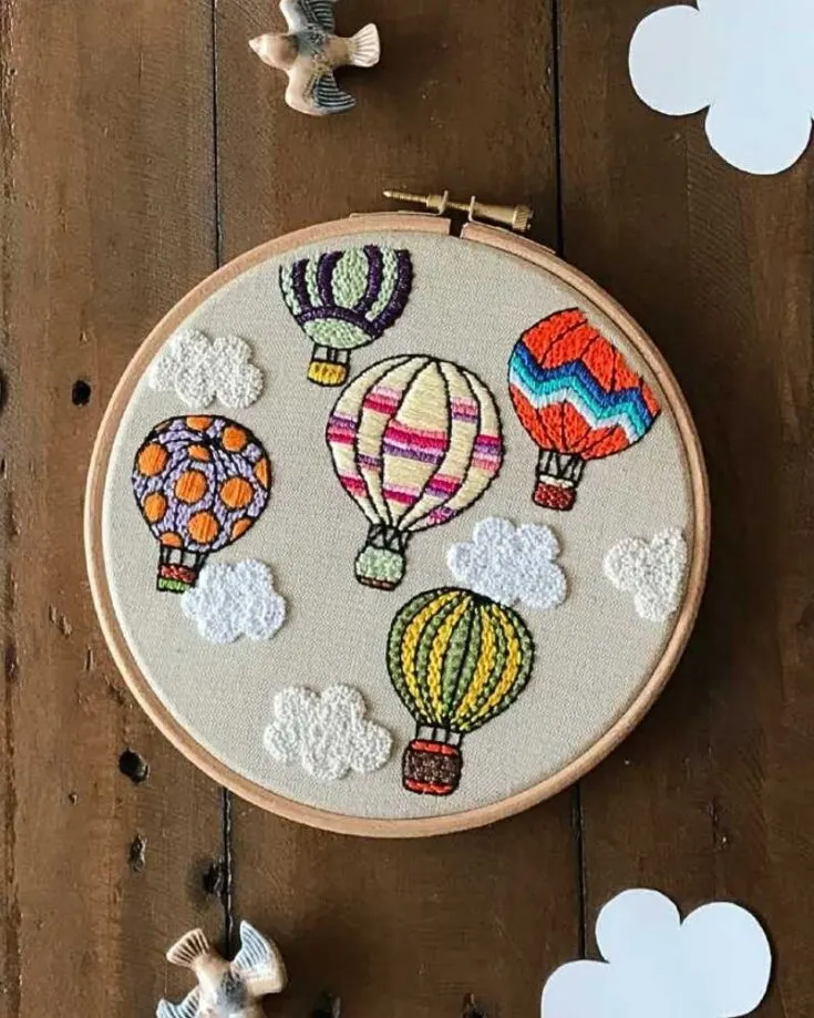 Check out these whimsical hot air balloon embroidery patterns. It&rsquo;s so dreamy, with clouds surrounding the colorful balloons. Grab your friends and try out this design together to fall into a daydream in the fluffy clouds. Skill Level: Intermediate