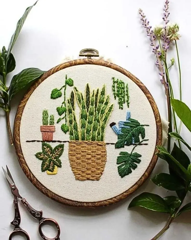 Looking for inspiration around your home? Perhaps you could try to embroider your house plants. Although this design looks complicated, it is simply made of small sections to fill, and it&rsquo;s quite creative. Skill Level: Easy