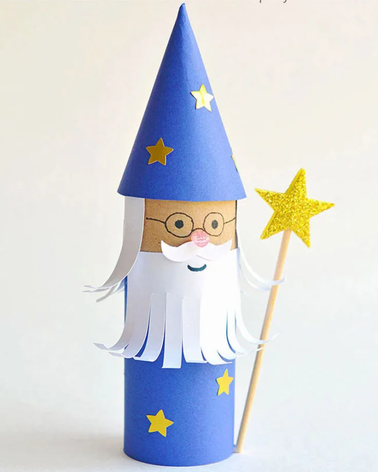 Transform a plain toilet paper roll into a wise and magical wizard by adding a robe, hat, and beard made from colored paper. Don't forget the magic wand! Follow this simple guide and its free printable template to start crafting.