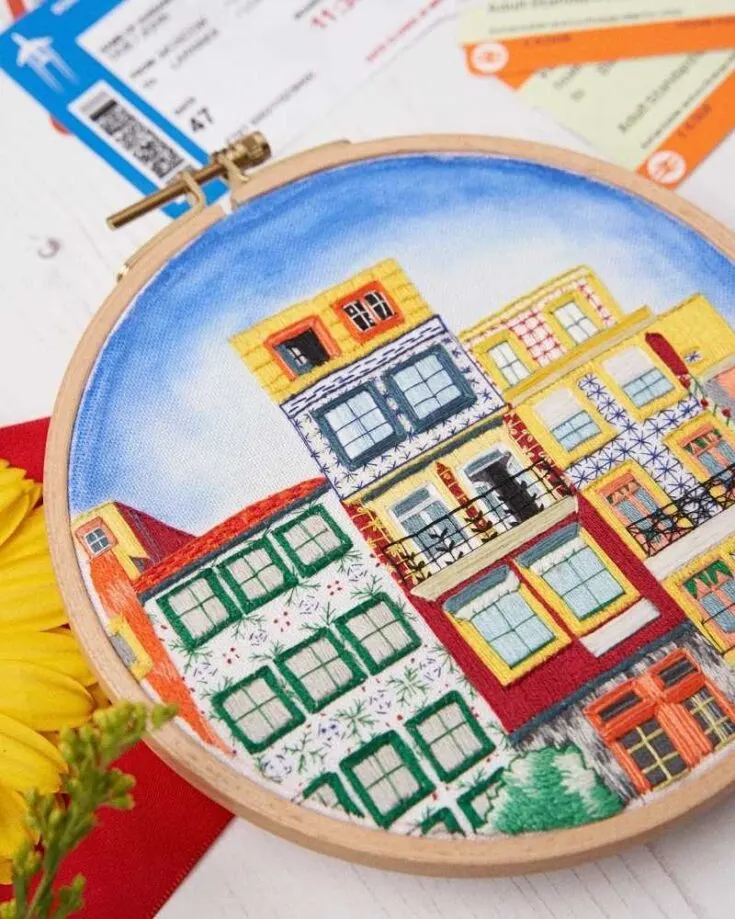 This breathtaking embroidery piece is inspired by a bohemian city. Though this design incorporates embroidery painting, it is optional for you. Remember, embroidering is all about personalization and creativity! Skill Level: Advanced