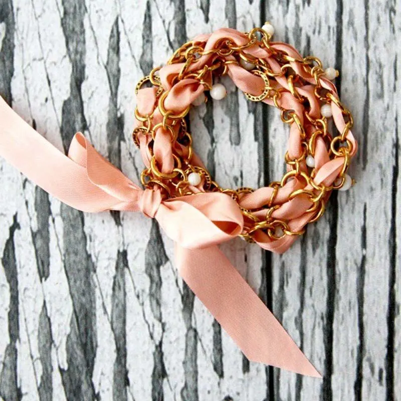 This sweet bracelet is all wrapped up with a gold chain and gorgeous vintage style ribbons, adorned with fun little pearls. It&rsquo;s the perfect bracelet project for a beginner, combining elegance and simplicity into a delightful piece of jewelry.