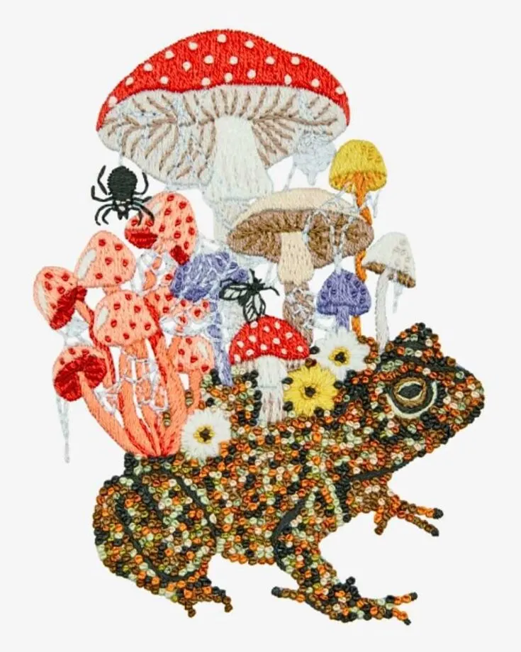 Check out this amazing frog embroidery pattern that is mostly made from French knot stitchings. The different textures in this design give your embroidery much more flare with mushrooms emerging from its back. Skill Level: Intermediate