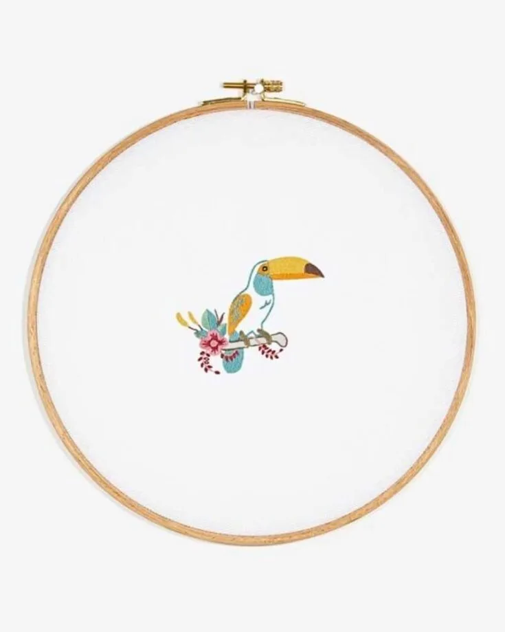 Have a look at this cute and easy toucan embroidery. This cute pattern design is incorporated with mini flowers on a branch that pulls together seamlessly. Skill Level: Intermediate