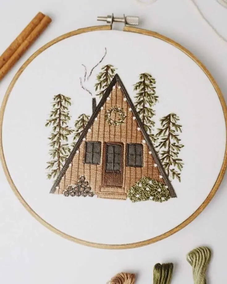 Looking for something more festive? Have a look at this cabin embroidery design. The intricate details of it just screams cabin fever. Imagine having a hot cocoa by the fireplace and embroidering this design. A must-have! Skill Level: Intermediate