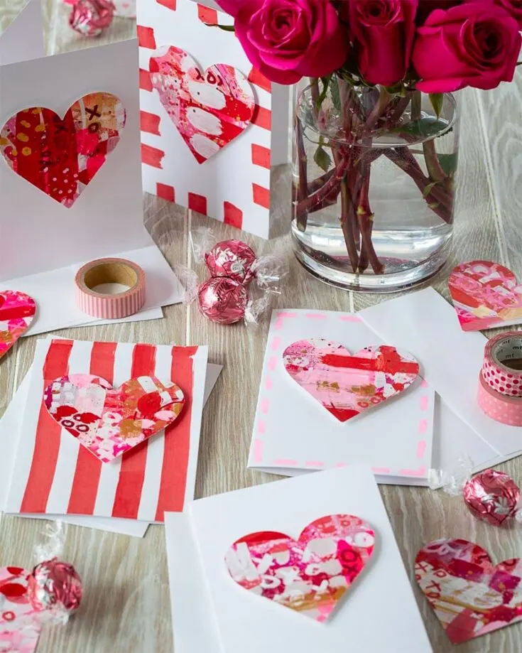 Let your or your child's creativity run wild by layering textures, colors, and patterns on a sheet, and once you're satisfied, shape it out into a heart for your V-day card!