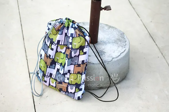 Get the pattern and tutorial to sew drawstring backpack. Great as the kid's school activity bag or as the laundry bag etc.