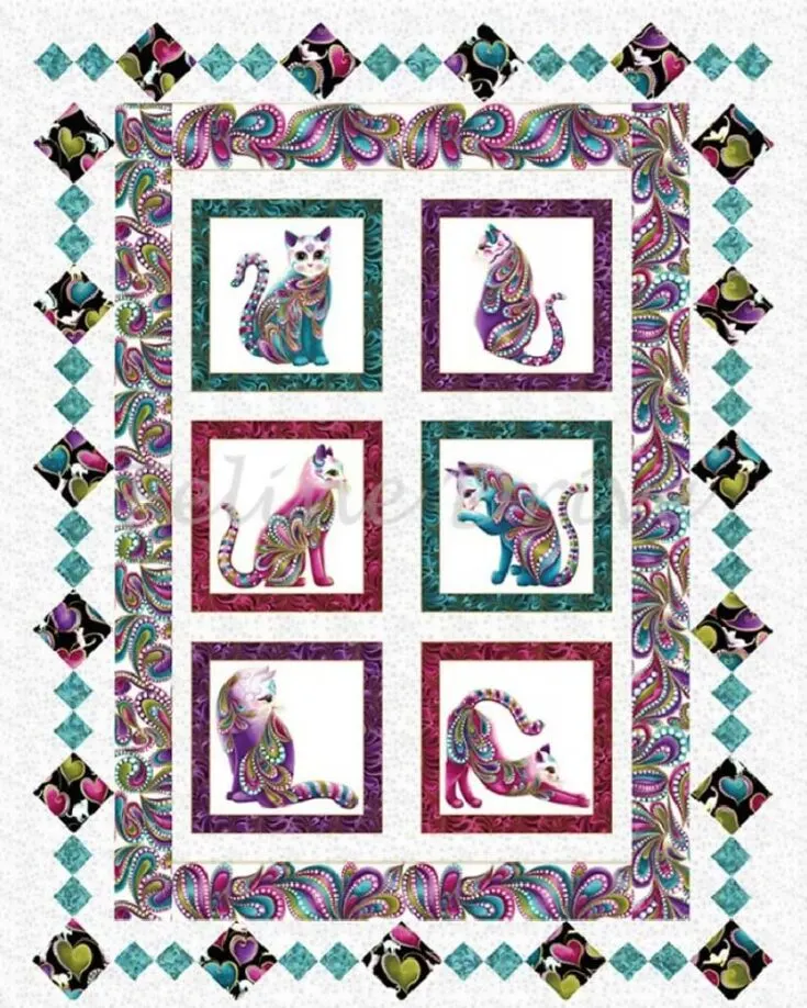Last but not least are these elegant and poise kitty cats! This inexpensive design is fit for advanced beginners and uses the standard piecing method. It also comes with instructions for three sizes as follows:&nbsp; Wall quilt (43&rdquo; x 56&rdquo;) Small lap quilt (50&rdquo; x 63&rdquo;) Lap quilt (61&rdquo; x 72&rdquo;)
