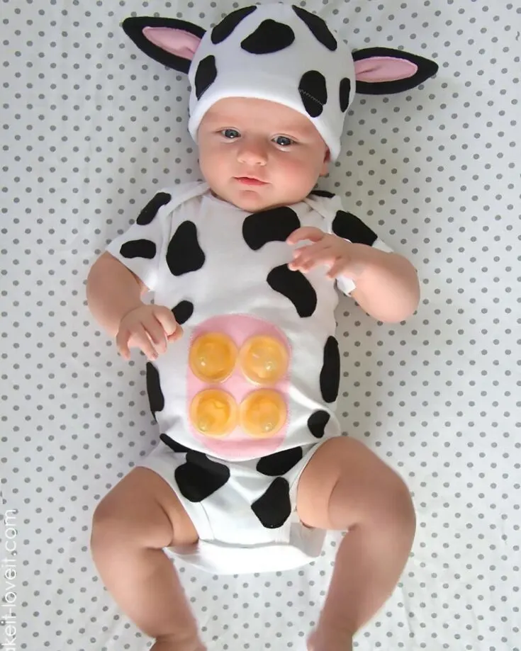 Moo.. Halloween season is here! With this cute and simple costume for your little ones, they will milk every moment of laughter and joy with this costume. It also adds a realistic touch with an udder made of baby bottle caps!