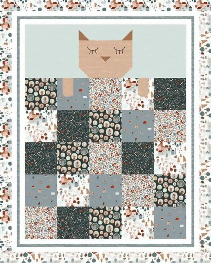 Learn to make this cute design with a cat peeking out on top with its paw dangling over the quilt blocks. It&rsquo;s an advanced beginner project and fat quarter friendly, too! This inexpensive pattern uses conventional piecing, finishing at 39.5&rdquo; x 49.5&rdquo;.&nbsp;