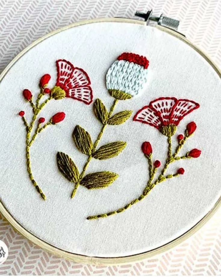Can you believe how easy it is to embroider this cute design? It only uses five basic stitches to complete the look and pull the design all together. All you would need for this design is to use three or four colored flosses, and you&rsquo;re good to go. Try it out!