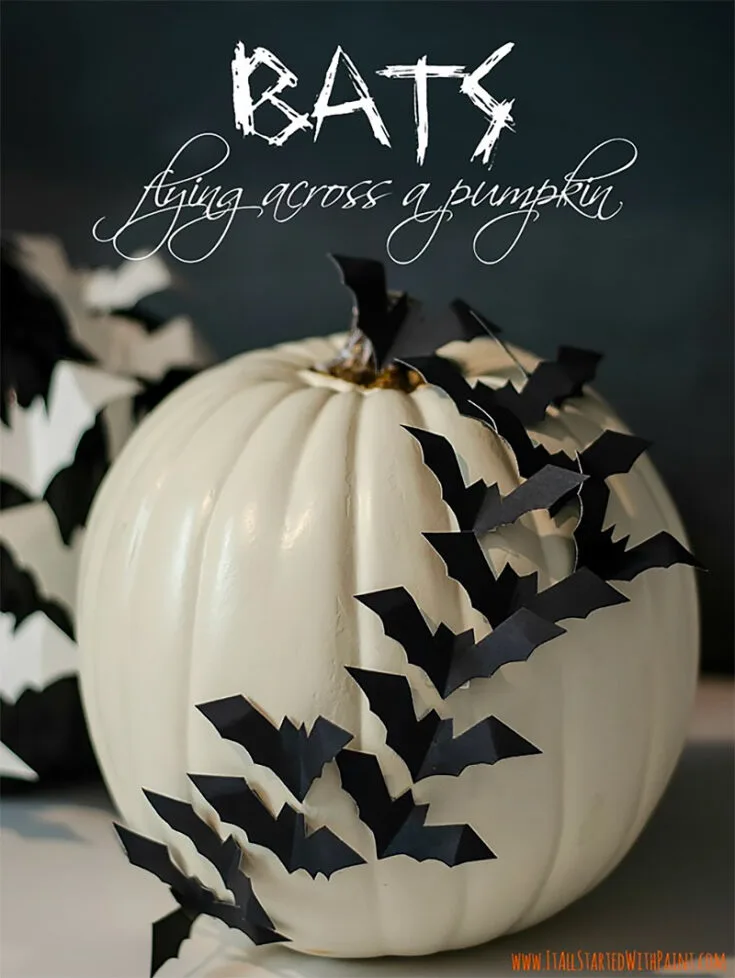 Want more fun Halloween pumpkin painting ideas? These bats flying across a pumpkin design use more than paint to create this unique 3D look. Perfect for Halloween!