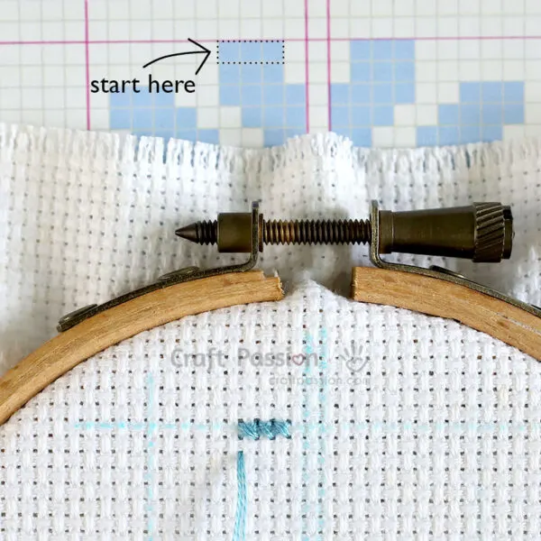 where to start to sew the first stitch of cross stitch porject