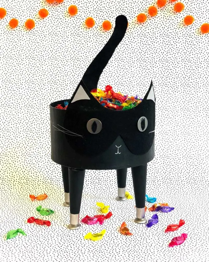 Imagine a cute black cat serving you delicious Halloween treats. Who wouldn't want that? Create this to stand on your countertop, dining table, or anywhere you want to put it! Watch as mischievous eyes follow you as you grab from its treat bowl!