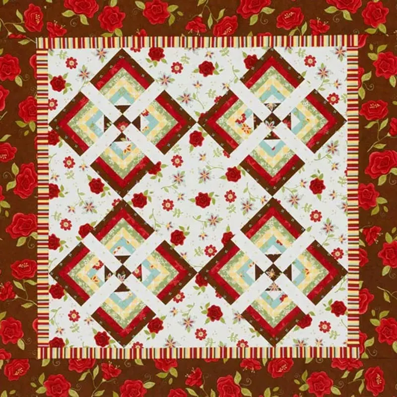 Filled with delicate accent roses, this cabin quilt design is stunning as it is visually pleasing to the eyes. If you love this design just as much as we do, you, too, can quilt this by using romantic florals, stripes, and prints. The finished size is 45 &frac12;&rdquo; x 45 &frac12;&rdquo;.