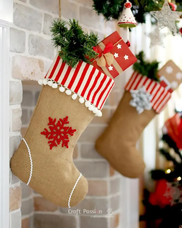 Sew these burlap stockings and hang them anywhere&mdash;over a fireplace or on a blank wall&mdash;and enjoy their charming look. They&rsquo;re perfect for holding small items or simply adding a cozy decorative touch! Perhaps you will get some gifts from Santa too!