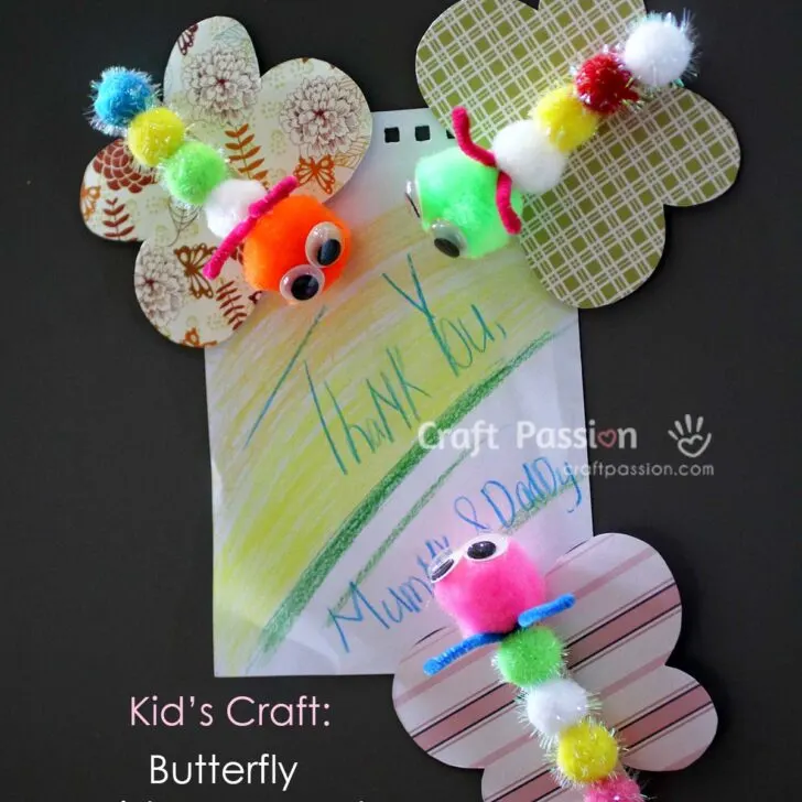 Perfect for preschooler to make an easy Butterfly Craft using simple materials: cardstock, craft stick, pom-poms, pipe cleaner, googly eyes and glue.
