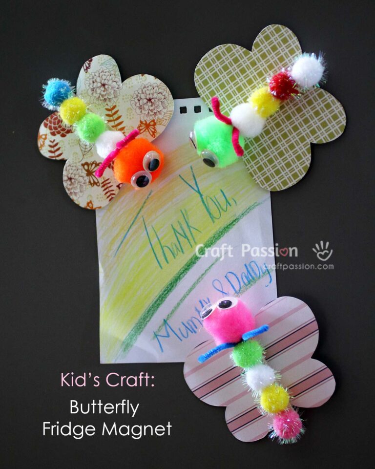 Perfect for preschooler to make an easy Butterfly Craft using simple materials: cardstock, craft stick, pom-poms, pipe cleaner, googly eyes and glue.
