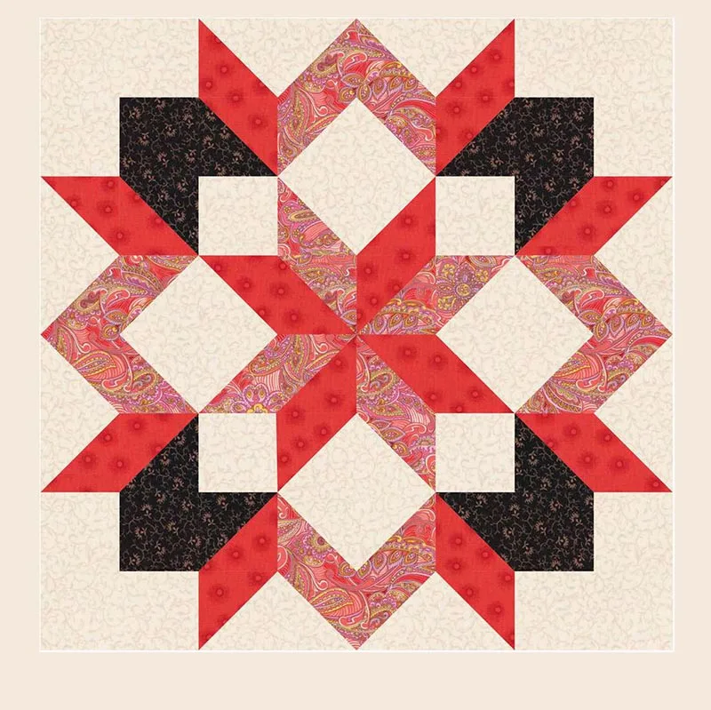 Here's another detailed star quilt block pattern with a star flower as a centerpiece. This Carpenter's star quilt block mainly consists of HSTs and four-patch units only, so don't let this enigmatic pattern design fool you!