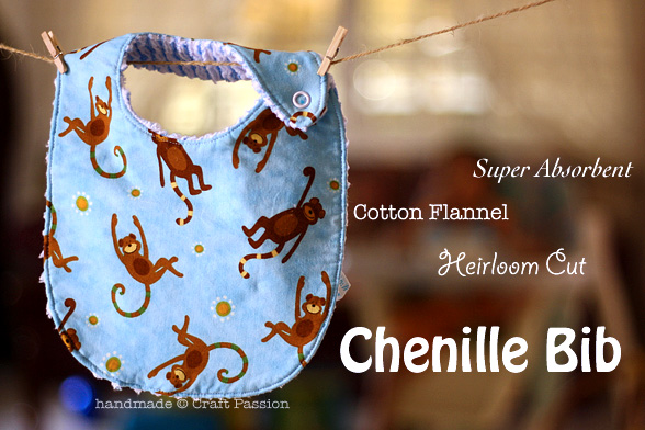 Free pattern & tutorial for making chenille fabric and sewing it into a bib. This bib sewing pattern is a quick project, perfect for a baby shower gift.
