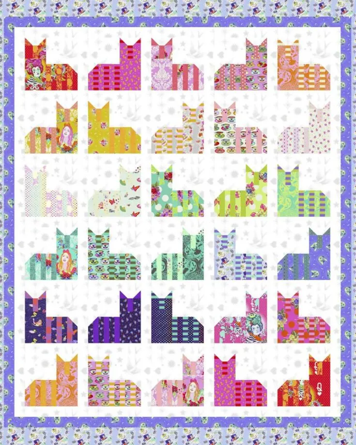 Quilt a rainbow full of kitties by following this adorable Cheshire Cats Flake Quilt pattern! It&rsquo;s an ideal project for confident beginners and utilizes fussy cutting and piecing techniques. This design is also a fast-sew project, using precuts of fat quarters and fat eighths. The final measurements are 74&rdquo; x 86&rdquo;.&nbsp;