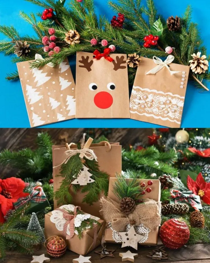 Why settle for plain gift wrap when you can make cute, festive paper gift bags instead? With a few easy touches like raffia bows, pine leaves, or pinecones, you&rsquo;ll have personalized bags that bring all the cozy holiday feels.