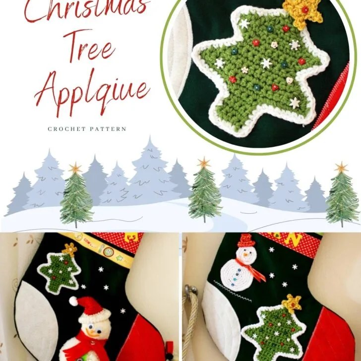 Click to get free pattern to Crochet Christmas Tree applique, include a star crochet pattern as well. Great to make Christmas ornaments out of them.