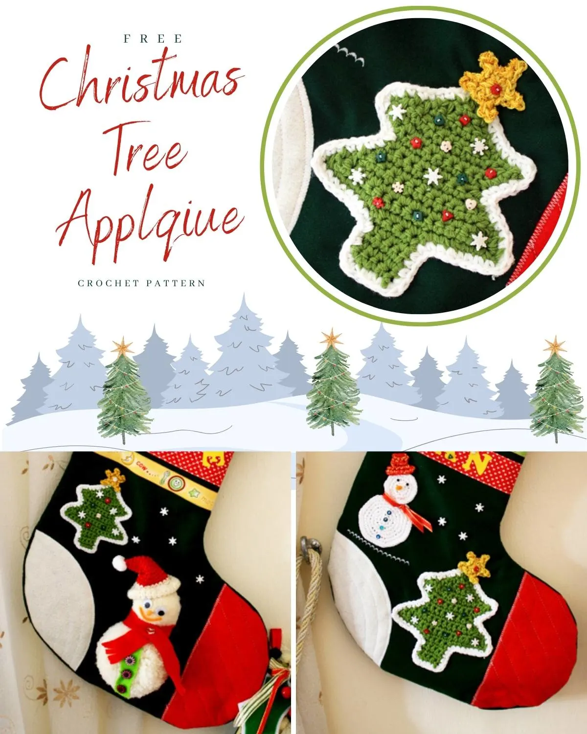 Click to get free pattern to Crochet Christmas Tree applique, include a star crochet pattern as well. Great to make Christmas ornaments out of them.