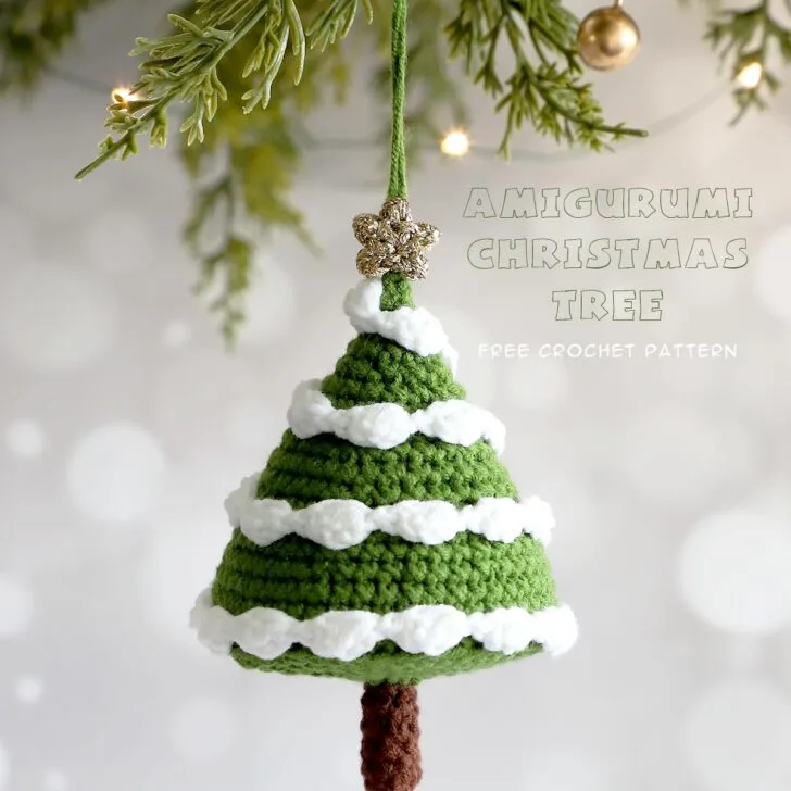 Beginner-friendly free amigurumi Christmas tree crochet pattern with step-by-step photos. Make a festive tree with snow garland and star topper!