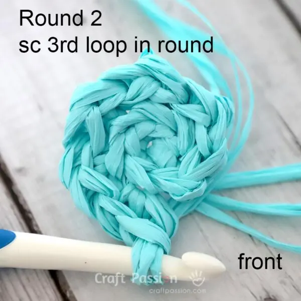 sc in 3rd loop from round 2 onwards to produce a beautiful fabric texture with a line of V in horizontal direction.