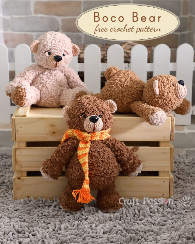 Boco Crochet Bear Amigurumi is a perfect cuddly stuffed animal toy in a huggable size of 10" to 12". Free crochet pattern for making 3 different poses on the bear.