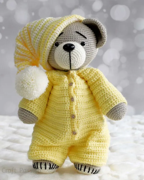 free bedtime crochet teddy bear pattern in pajamas suit with sleeping hat.