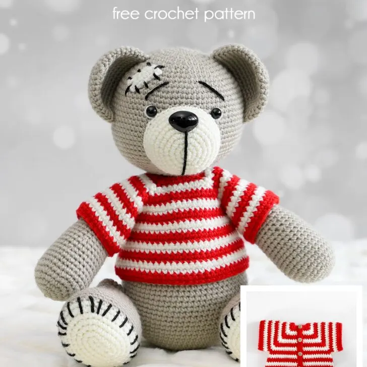 Free amigurumi crochet top pattern in red and white stripes, perfect for amigurumi crochet animals. Easy to follow, versatile design with button-up detail.