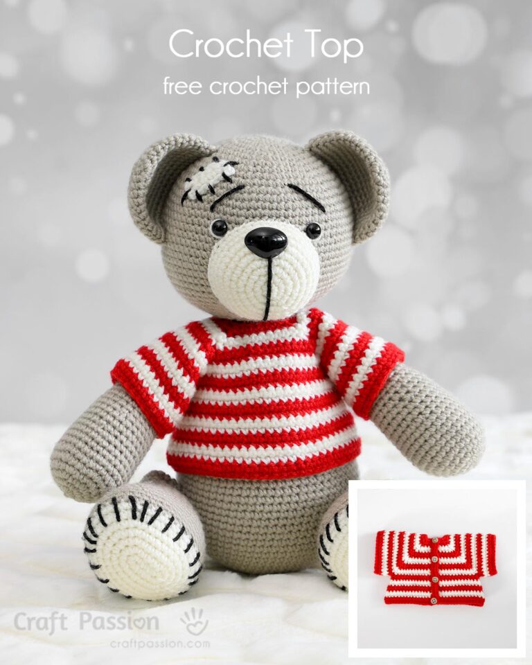 Free amigurumi crochet top pattern in red and white stripes, perfect for amigurumi crochet animals. Easy to follow, versatile design with button-up detail.