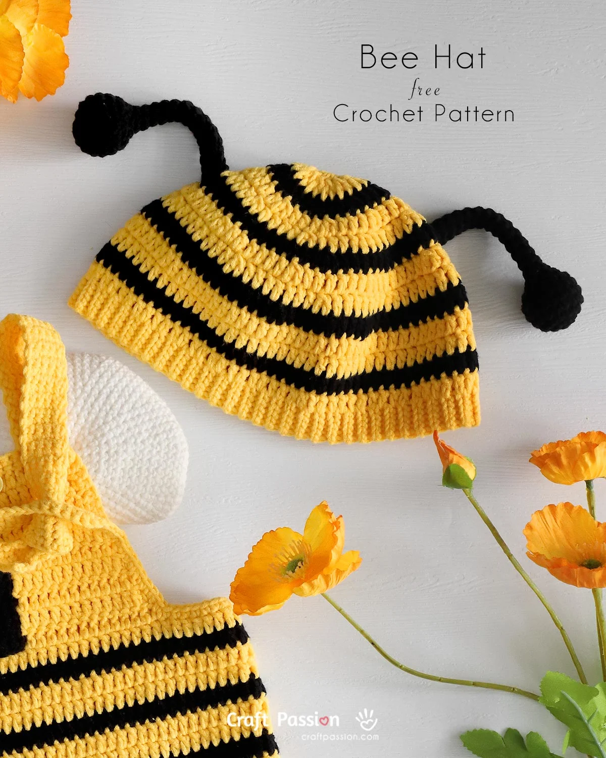 Adorable crochet bee hat for babies! Free pattern with photo tutorial, available in 4 sizes (3&ndash;24 months). Beginner-friendly and part of the Bee Costume Set with matching romper and wings.