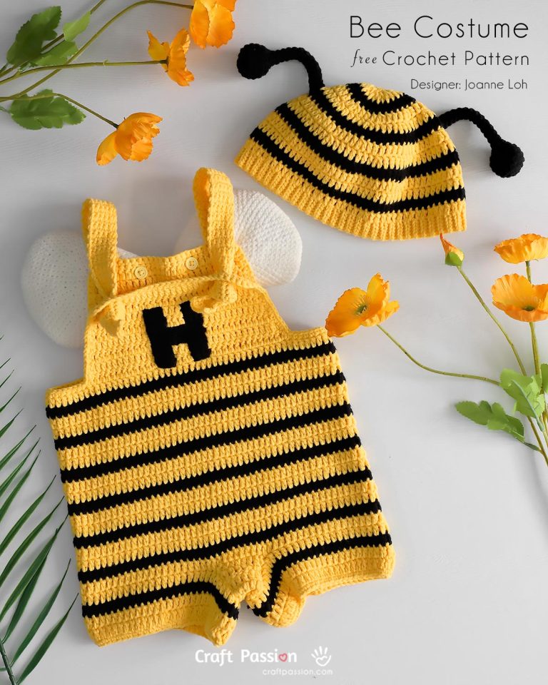 Free crochet bee costume for babies! Includes matching romper, hat & wings with photo tutorials. Fun, beginner-friendly project perfect for gifts & photos!