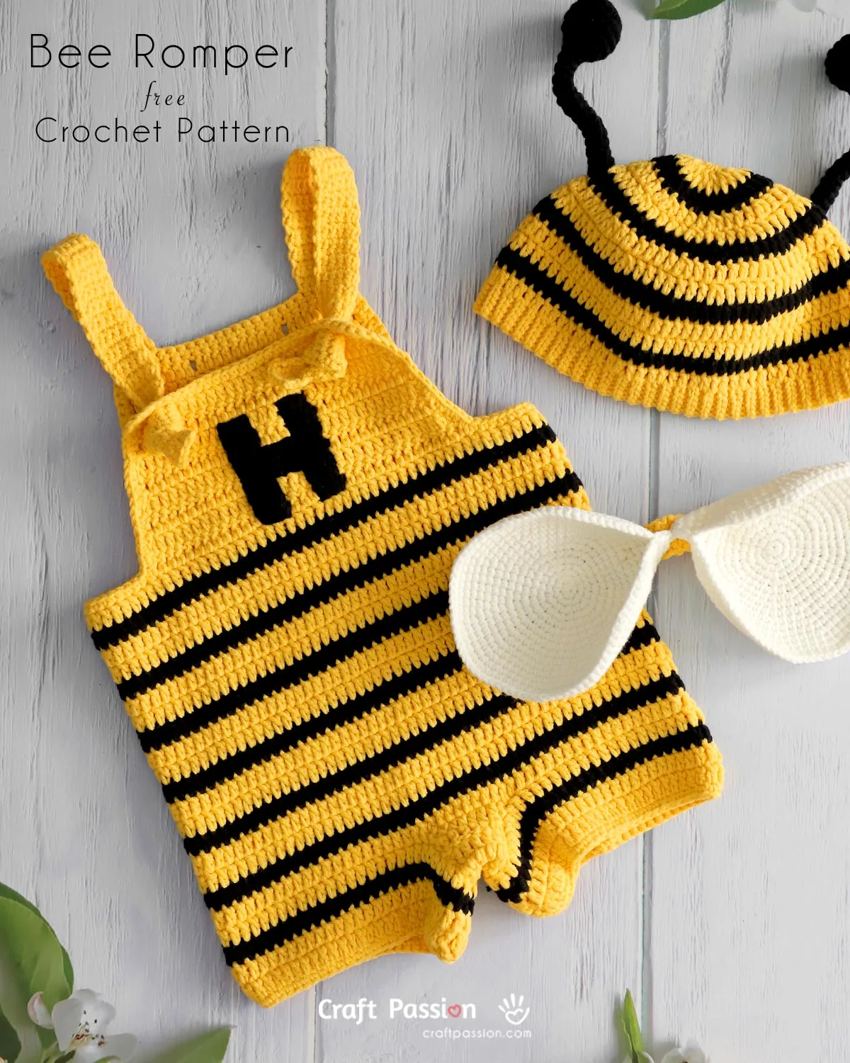 Adorable bee romper crochet pattern for babies! Free crochet pattern with photo tutorial. Part of the bee costume set with matching hat and wings.