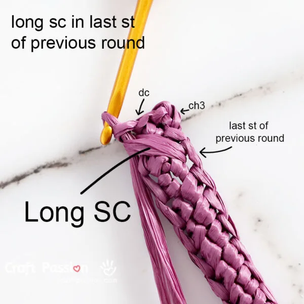 how to crochet sk, dc 2, long sc cross-over cable stitch, pic 2/4