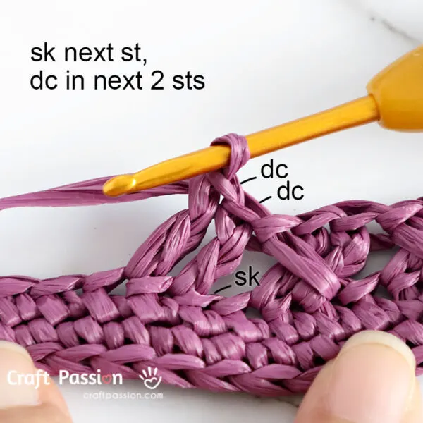 how to crochet sk, dc 2, long sc cross-over cable stitch, pic 3/4