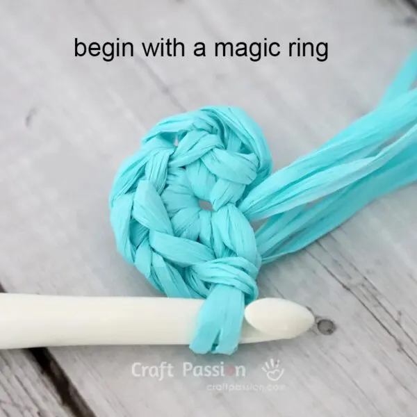 crochet a straw bag by using magic ring to begin from the base and work from bottom to top.